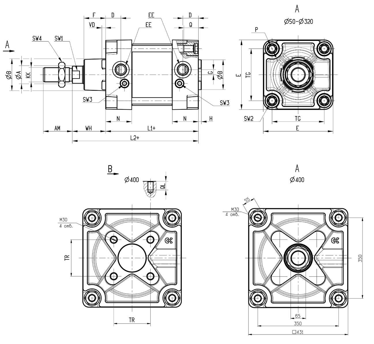 Серия 40. Пневмоцилиндры ISO 15552, Ø50–400 мм